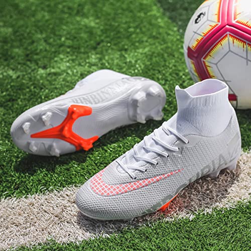 Unisex Turf Soccer Shoes Outdoor/Indoor Firm Ground Socce Shoes Youth Football Cleats Sneaker Shoe High Gripping Power (WHITE, adult, men, numeric_8, numeric, us_footwear_size_system, medium)