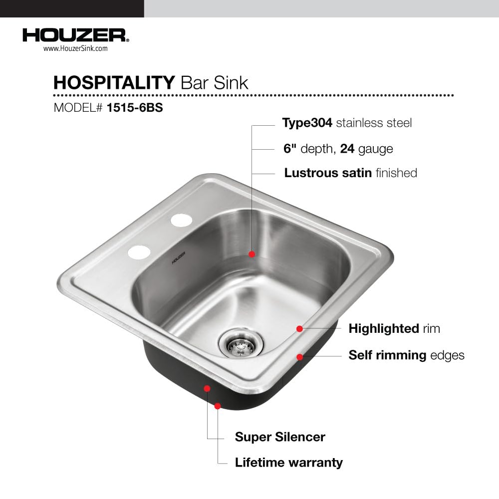 Houzer Hospitality 15 inch Stainless Steel Drop-in Topmount 2-hole Single Bowl Bar Sink with Strainer - 1515-6BS-C