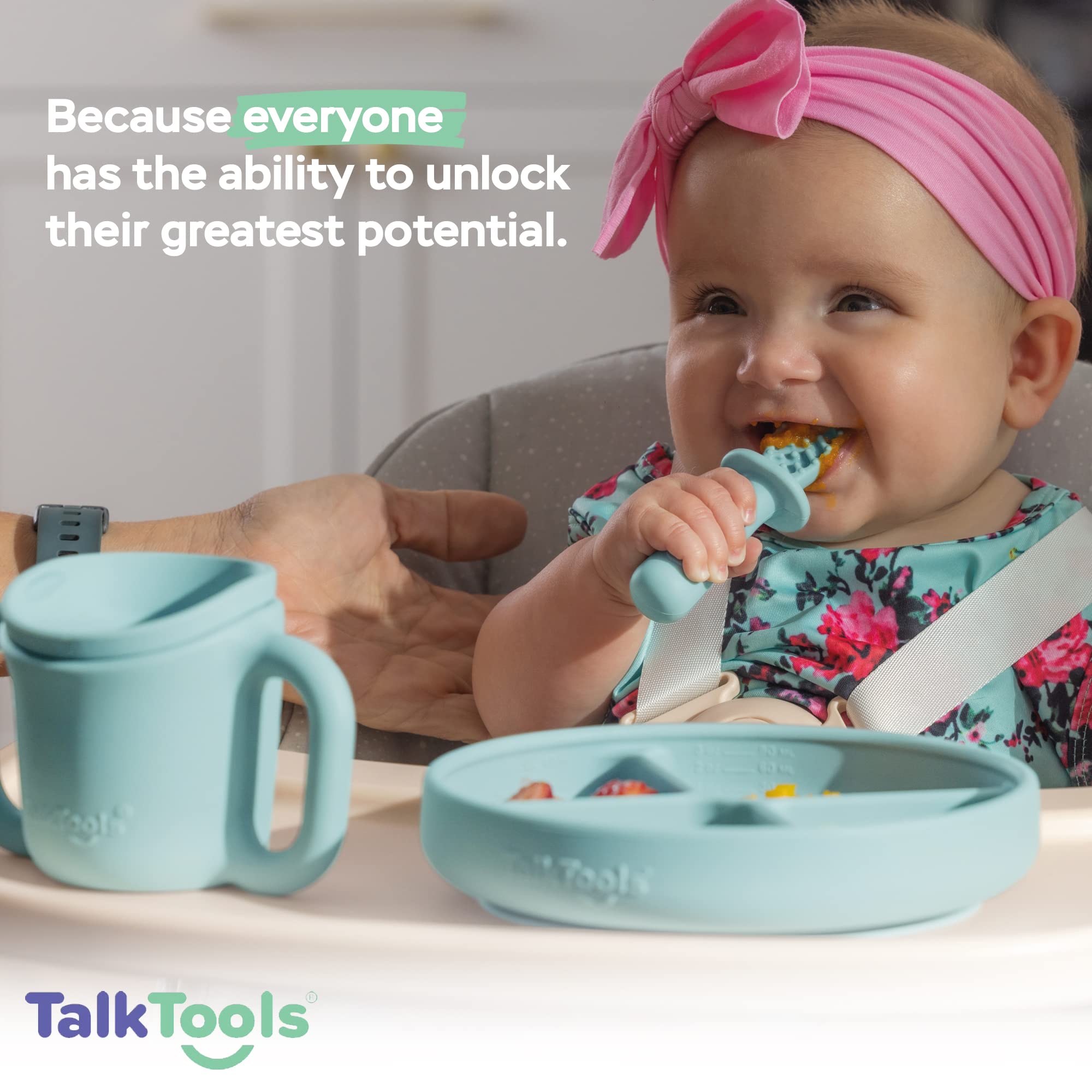 TalkTools Itsy Baby Utensil Set – Silicone Training Cup, Plate and Twin Spoon Pack for Toddlers| Infant First Food Self Feeding Silicone Training Set (Sage)