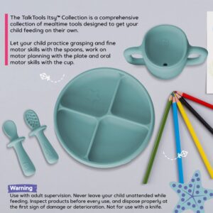 TalkTools Itsy Baby Utensil Set – Silicone Training Cup, Plate and Twin Spoon Pack for Toddlers| Infant First Food Self Feeding Silicone Training Set (Sage)