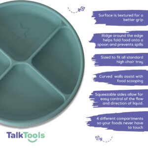 TalkTools Itsy Baby Utensil Set – Silicone Training Cup, Plate and Twin Spoon Pack for Toddlers| Infant First Food Self Feeding Silicone Training Set (Sage)