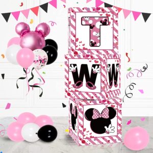 2nd birthday party favors balloon boxes supplies for baby, girls 3pcs pink mouse theme two year old balloon boxes, two' letters balloon arch kit for party decorations