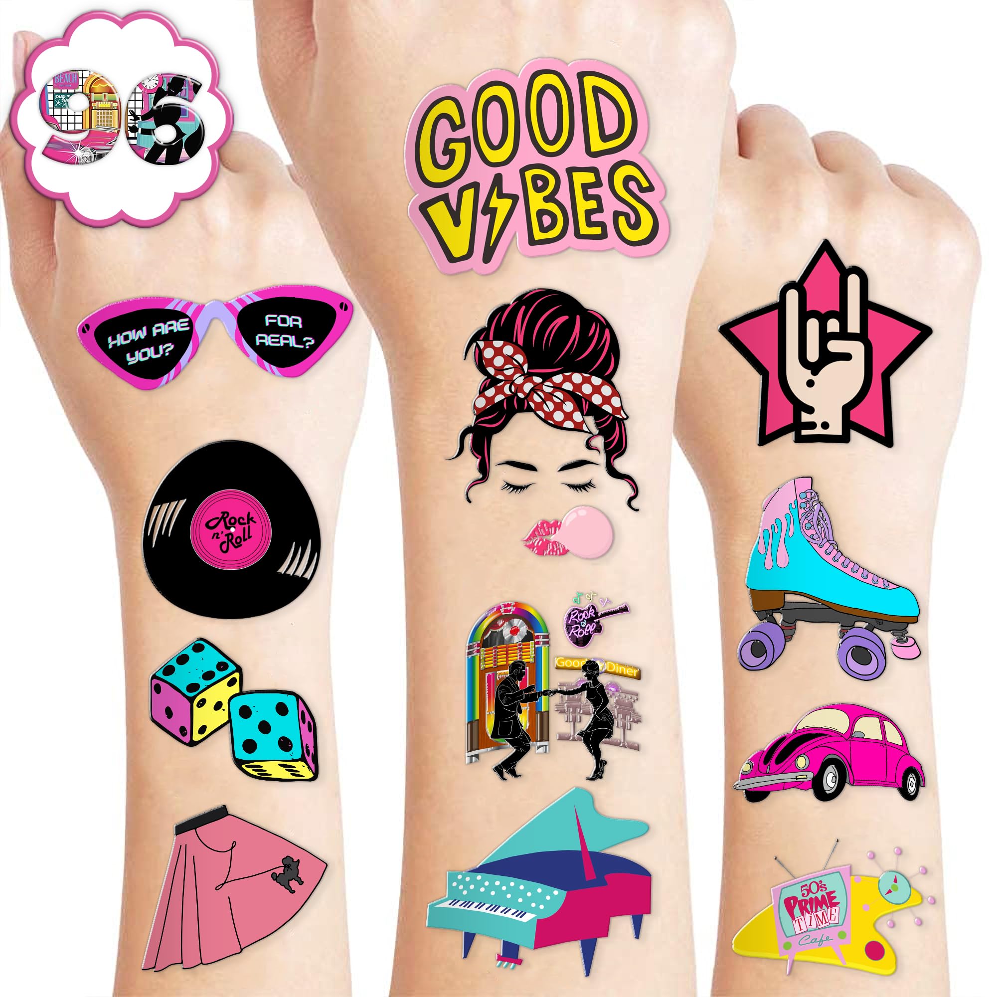 50s Temporary Tattoos for Fans, Themed 50s Birthday Party Decorations Favors Party Supplies 96PCS Tattoo Sticker Women Men Gifts Boys Girls Classroom School Prizes