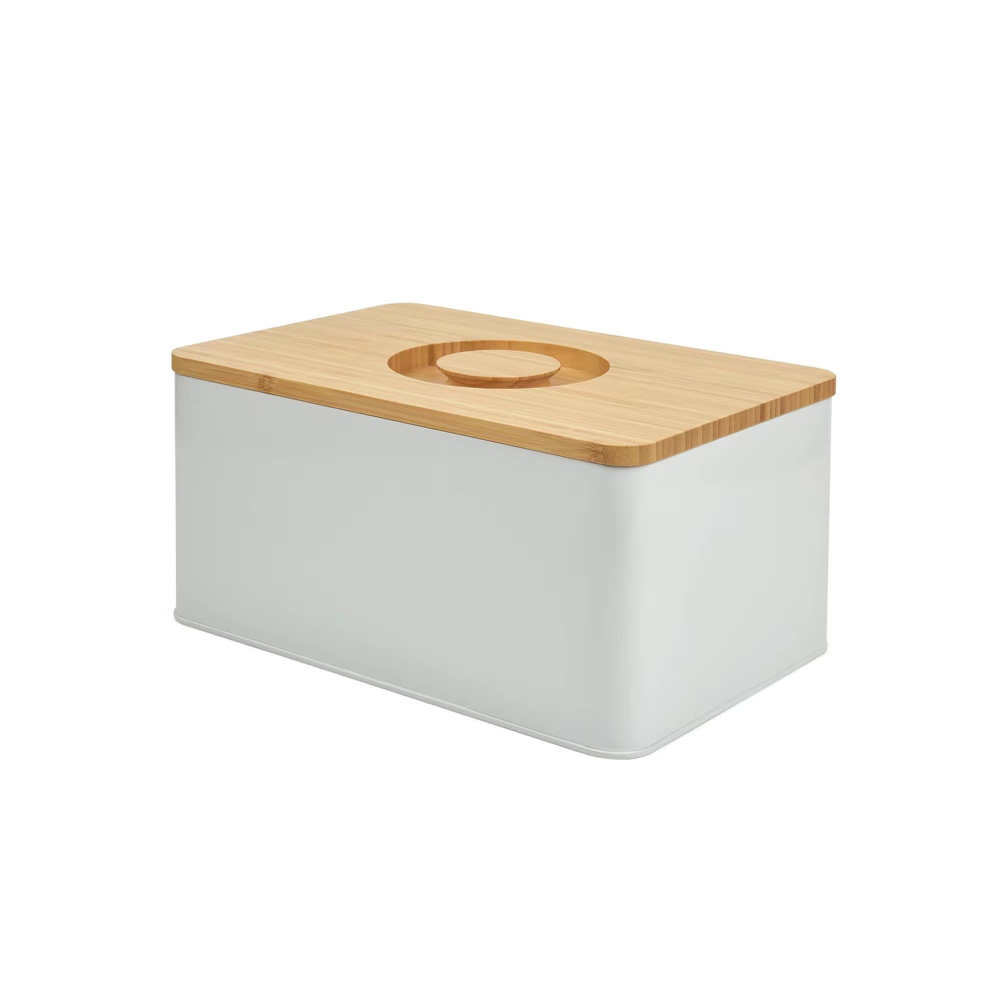 JRENINET Metal Bread Box with Bamboo Cutting Board Lid - Keep Bread Fresh and Store Easily on the Kitchen Counter - The Perfect Bread Container for Storage (14 * 9 * 7 Inches), White