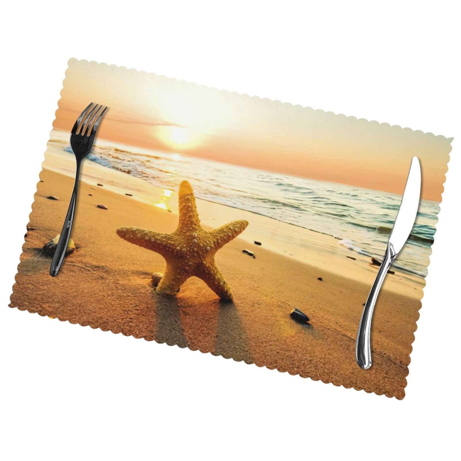 Beach Sunset Starfish Placemats Set of 6,Table Mats Heat-Resistant Washable Non-Slip Place Mats for Party Family Dining Kitchen Home Wedding Holiday Party Decorations 12 X 18 Inch