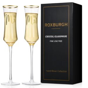 roxburgh champagne flutes glasses set of 2, hand blown crystal wedding toasting flutes for bride and groom, long stem mr and mrs champagne glasses for wedding engagement anniversary christmas gifts