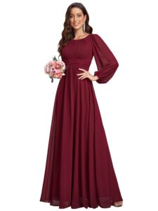 ever-pretty women's classic a-line chiffon ruched long formal dress with sleeves burgundy us10