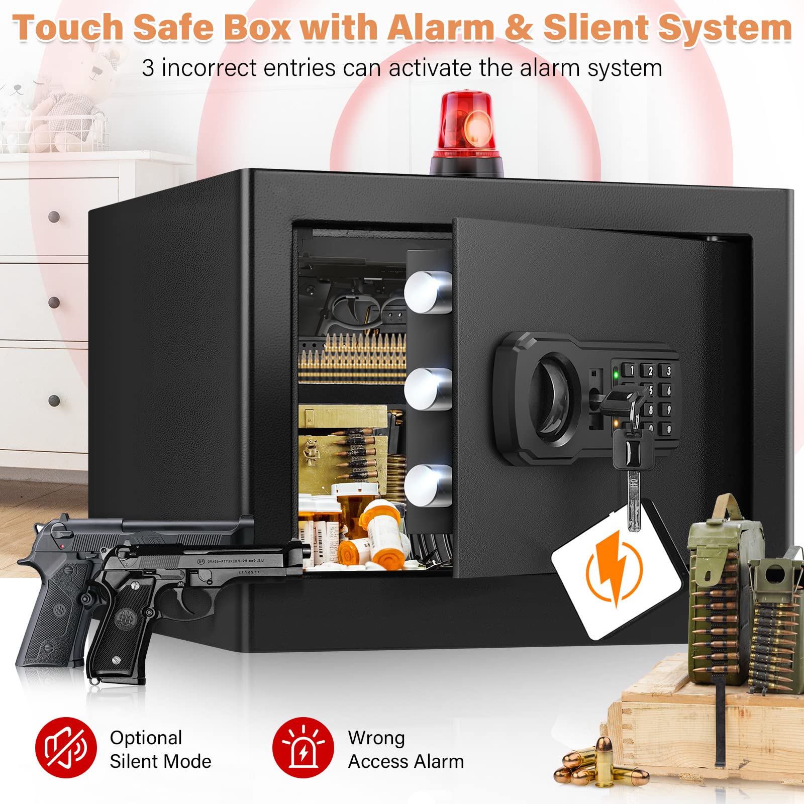 1.0 Cub Personal Safe for Home Use, Fireproof Combination Safe with Silent Mode Keypad and Spare Keys, Fire Proof Safe Box for Firearm Cash Jewelry Medicine Documents