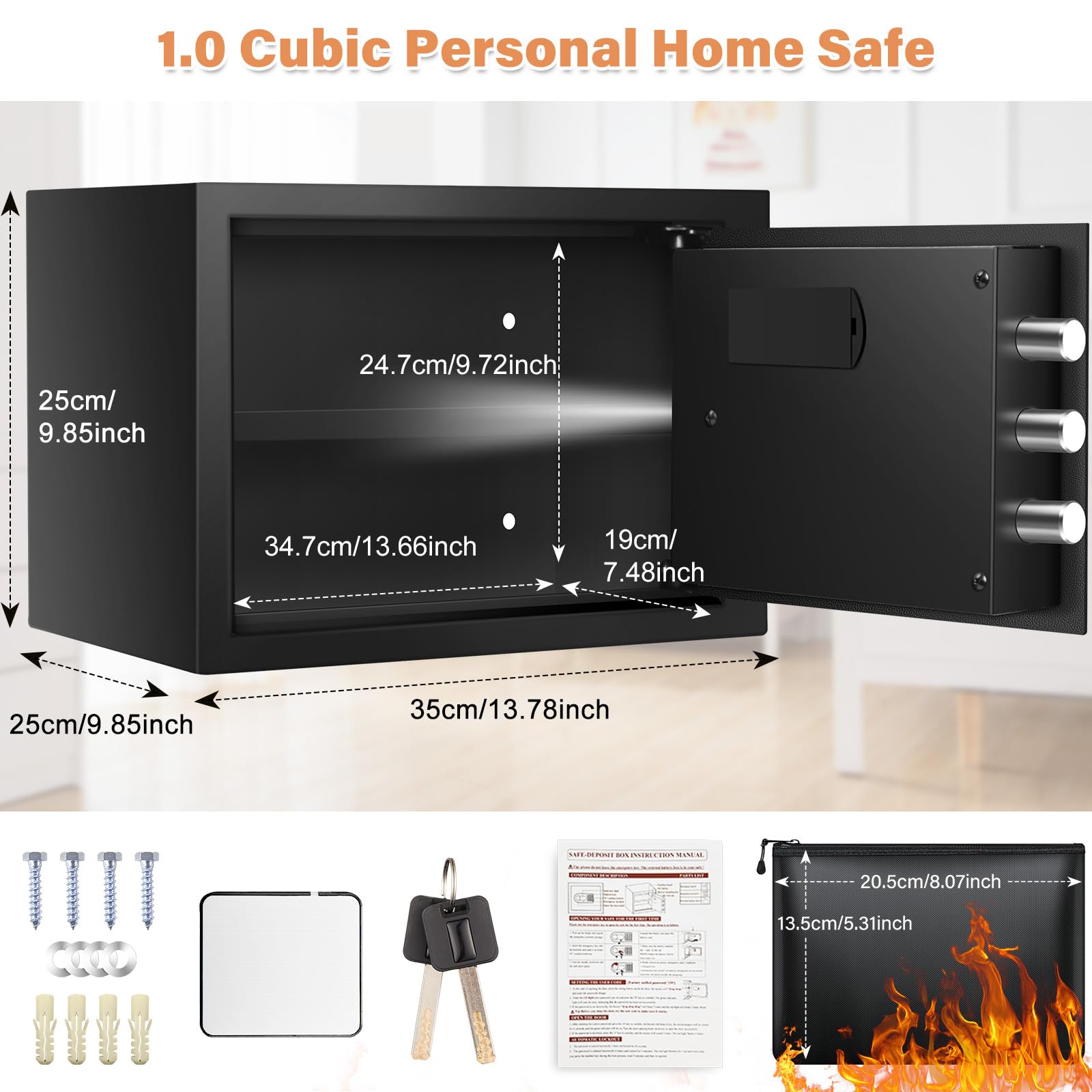 1.0 Cub Personal Safe for Home Use, Fireproof Combination Safe with Silent Mode Keypad and Spare Keys, Fire Proof Safe Box for Firearm Cash Jewelry Medicine Documents