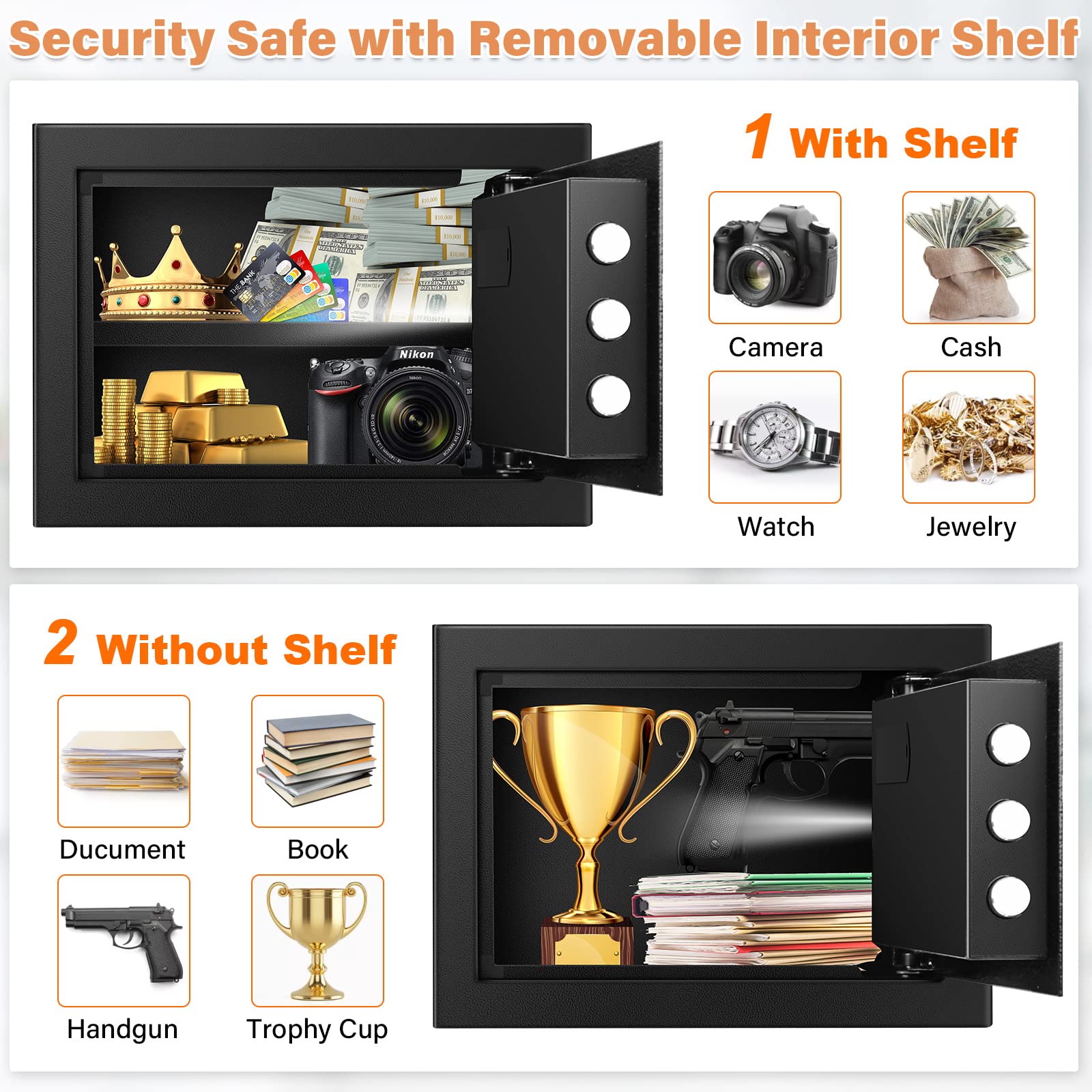 1.0 Cub Personal Safe for Home Use, Fireproof Combination Safe with Silent Mode Keypad and Spare Keys, Fire Proof Safe Box for Firearm Cash Jewelry Medicine Documents