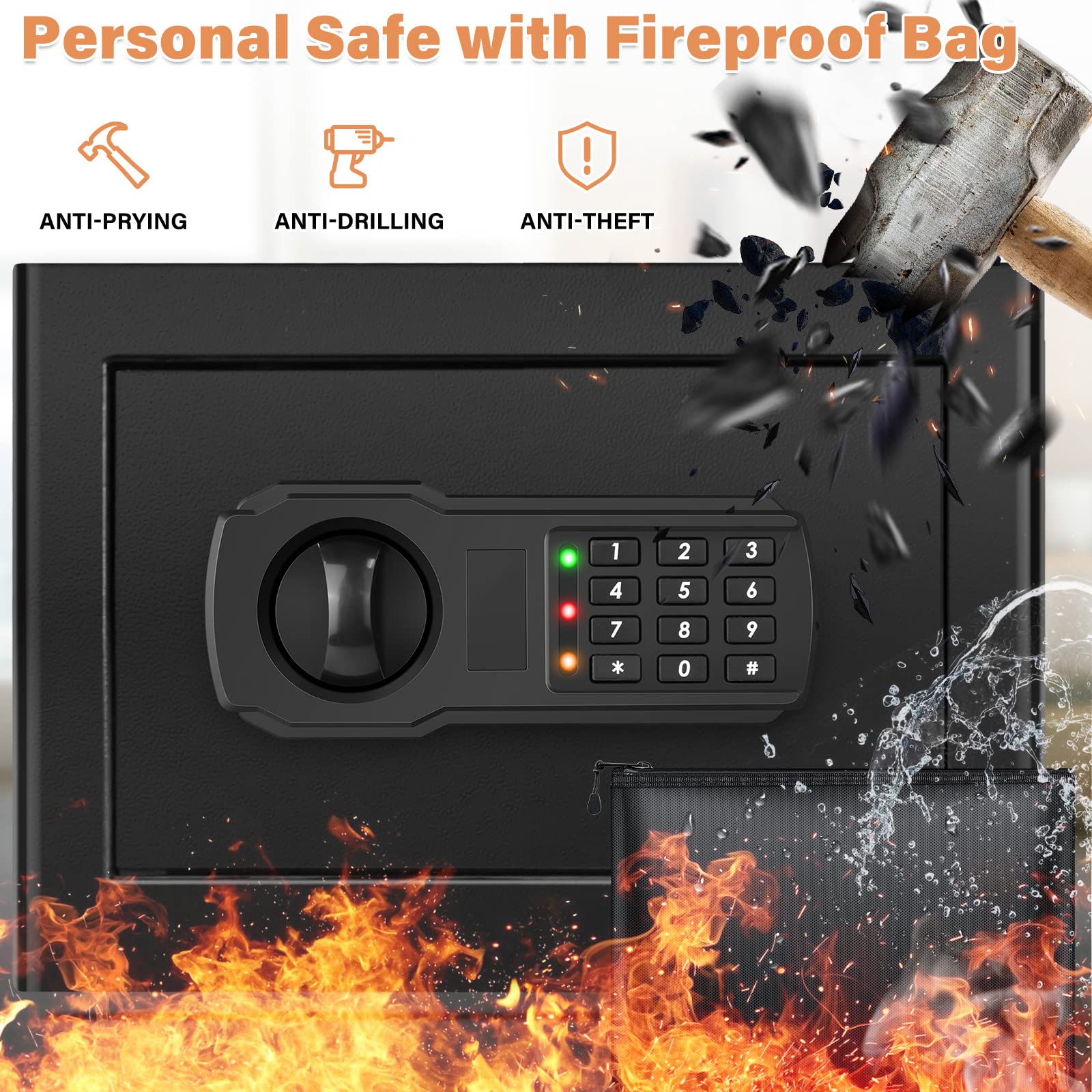 1.0 Cub Personal Safe for Home Use, Fireproof Combination Safe with Silent Mode Keypad and Spare Keys, Fire Proof Safe Box for Firearm Cash Jewelry Medicine Documents