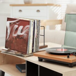 Laelr Vinyl Record Holder 60-80 LP Solid Wood Vinyl Record Storage Vinyl Record Racks Now Playing Vinyl Record Stand Audio Record Collection Holder with Dividers for Album Book Magazine Vinyl Storage