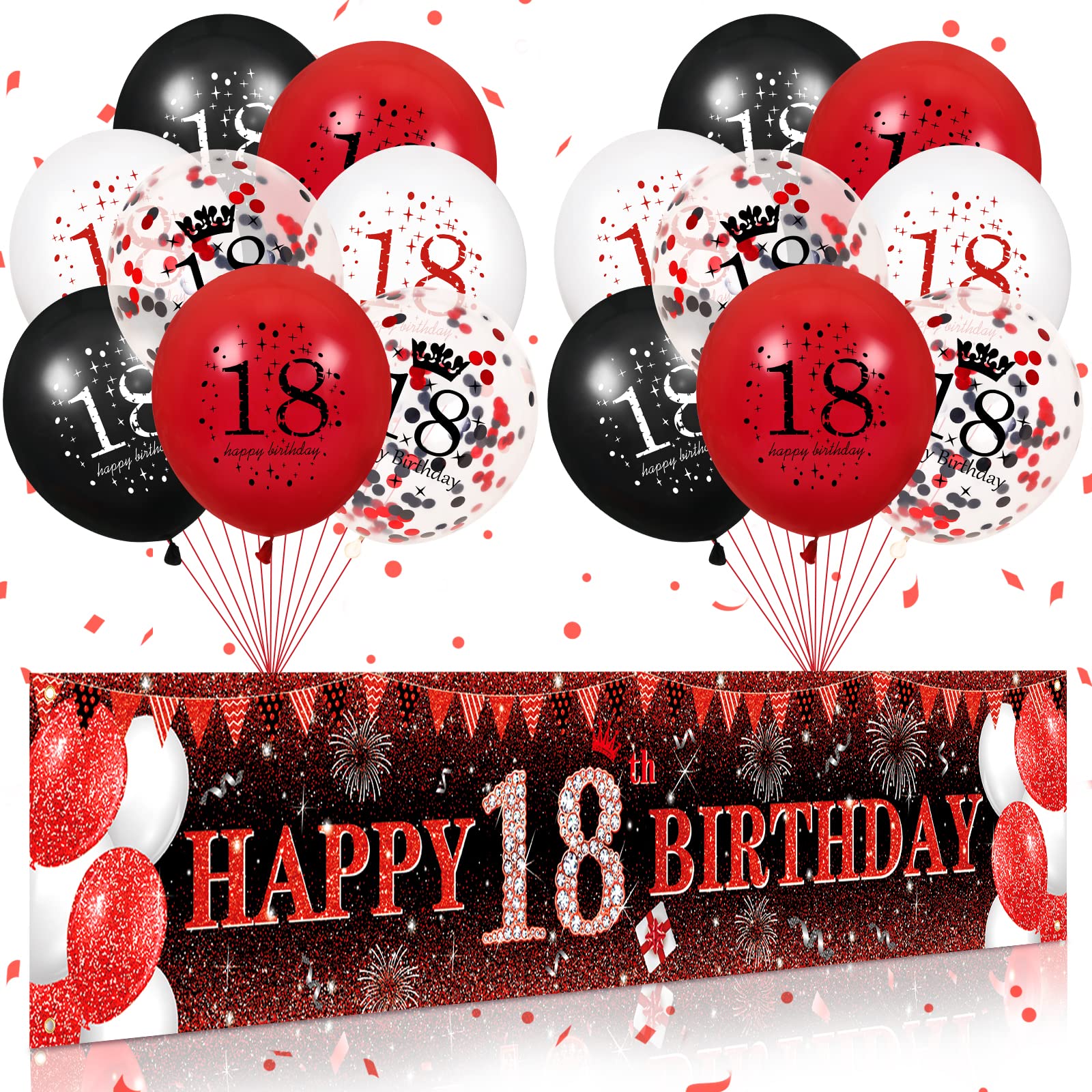 VXTRRI Red 18th Birthday Decorations for Boys Girls, Red Black Glitter 18th Birthday Banner Yard Sign and 16Pcs Red Black 18th Birthday Latex Balloons for 18th Birthday Anniversary Party Supplies