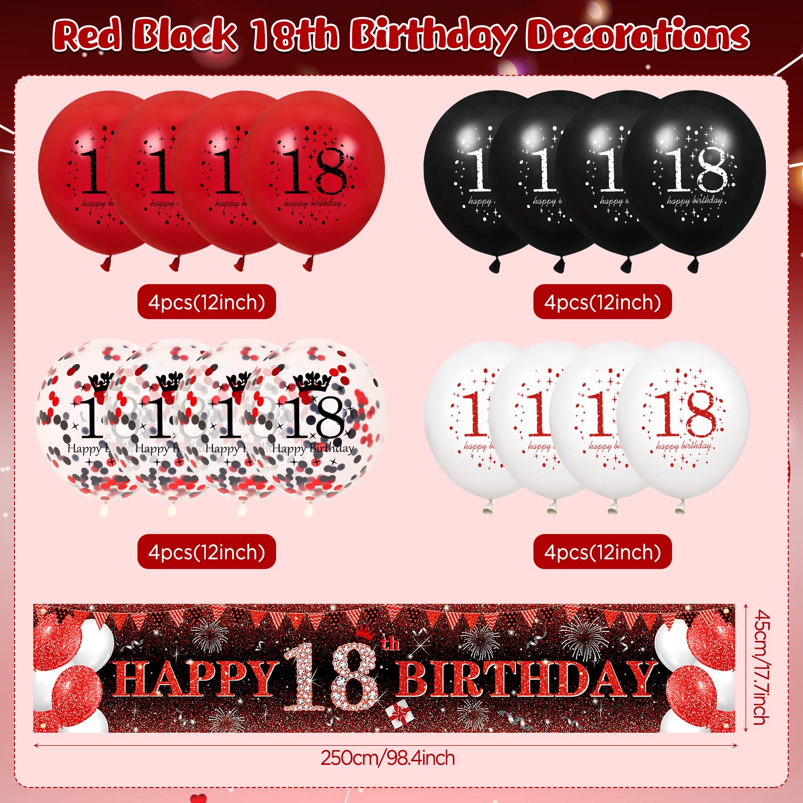 VXTRRI Red 18th Birthday Decorations for Boys Girls, Red Black Glitter 18th Birthday Banner Yard Sign and 16Pcs Red Black 18th Birthday Latex Balloons for 18th Birthday Anniversary Party Supplies