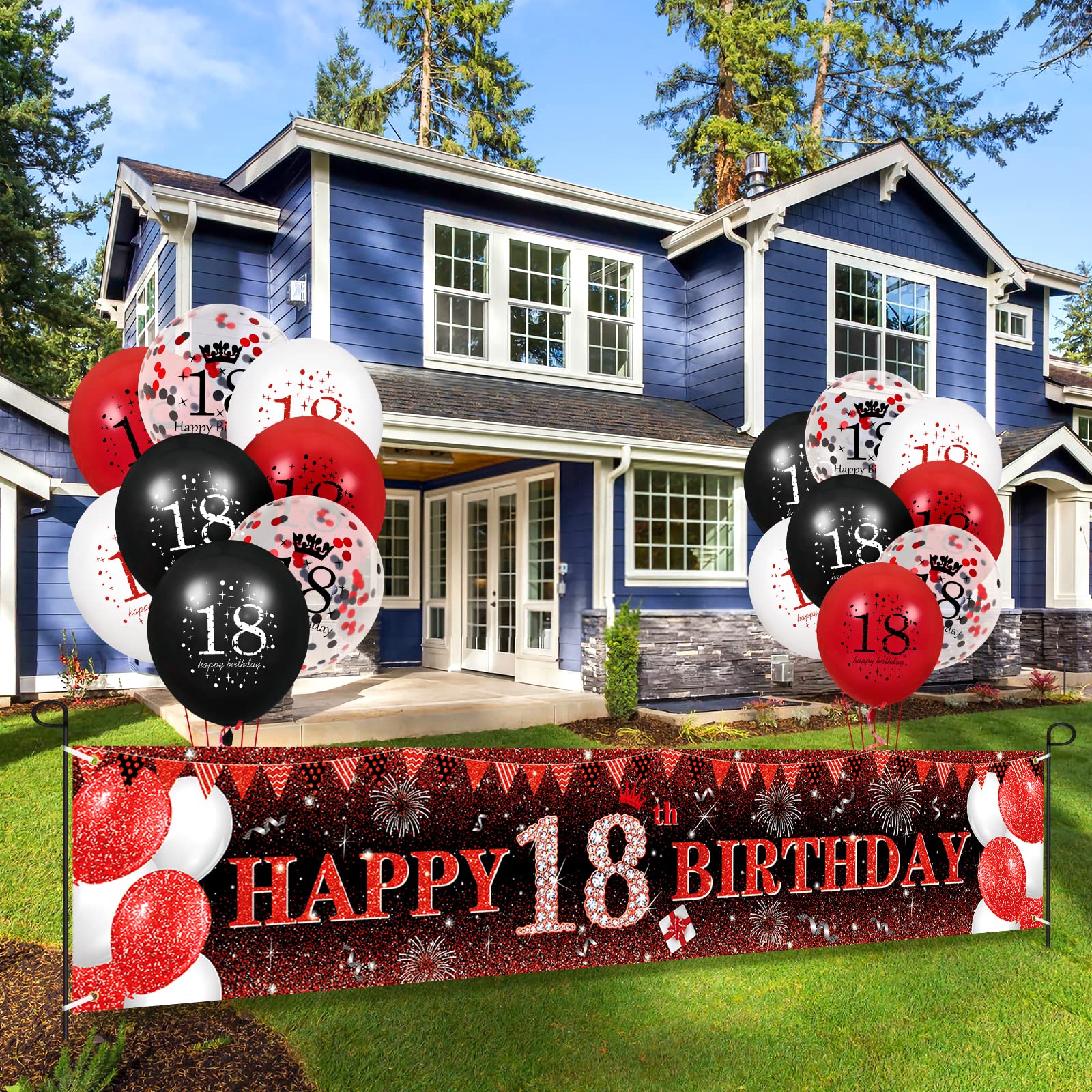 VXTRRI Red 18th Birthday Decorations for Boys Girls, Red Black Glitter 18th Birthday Banner Yard Sign and 16Pcs Red Black 18th Birthday Latex Balloons for 18th Birthday Anniversary Party Supplies