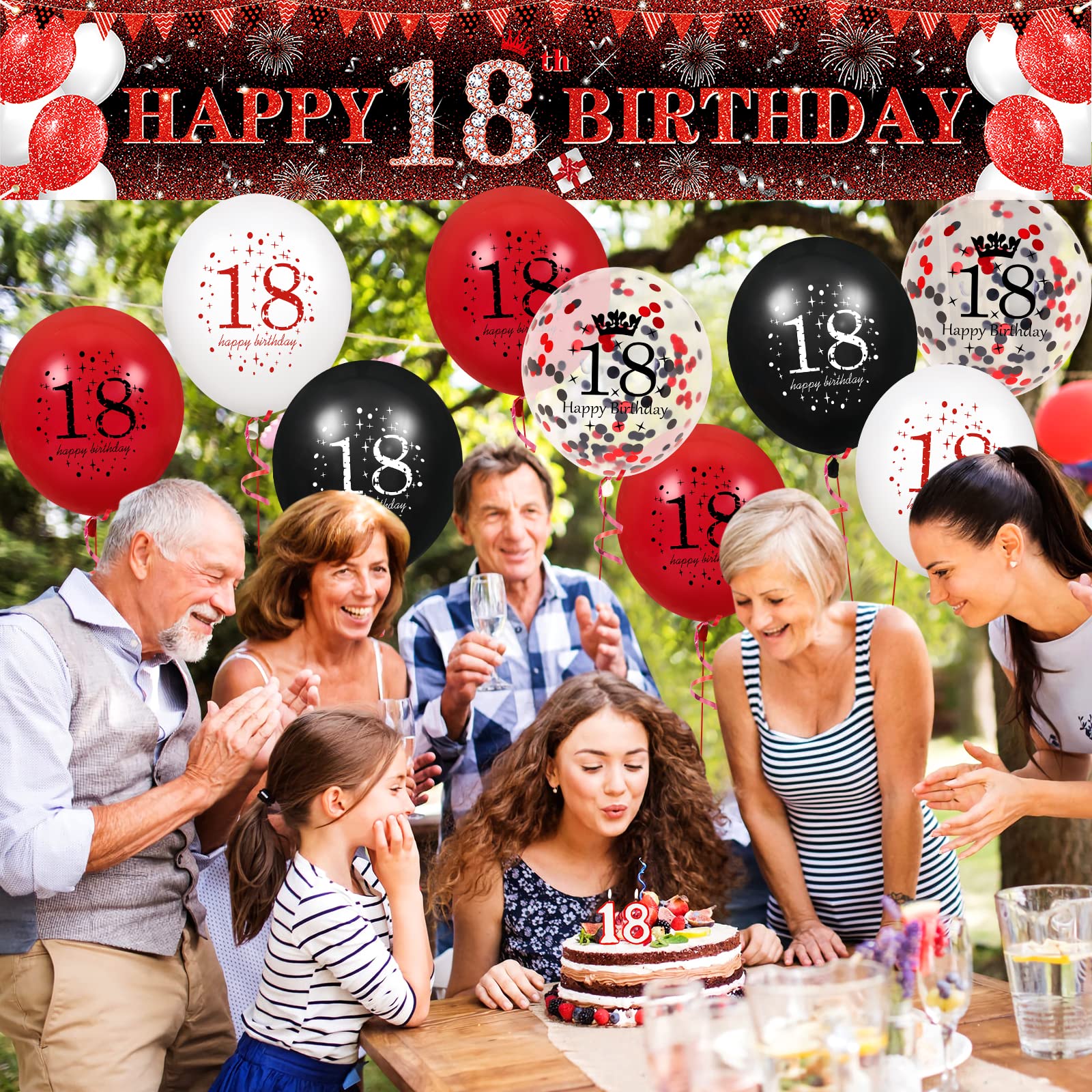 VXTRRI Red 18th Birthday Decorations for Boys Girls, Red Black Glitter 18th Birthday Banner Yard Sign and 16Pcs Red Black 18th Birthday Latex Balloons for 18th Birthday Anniversary Party Supplies