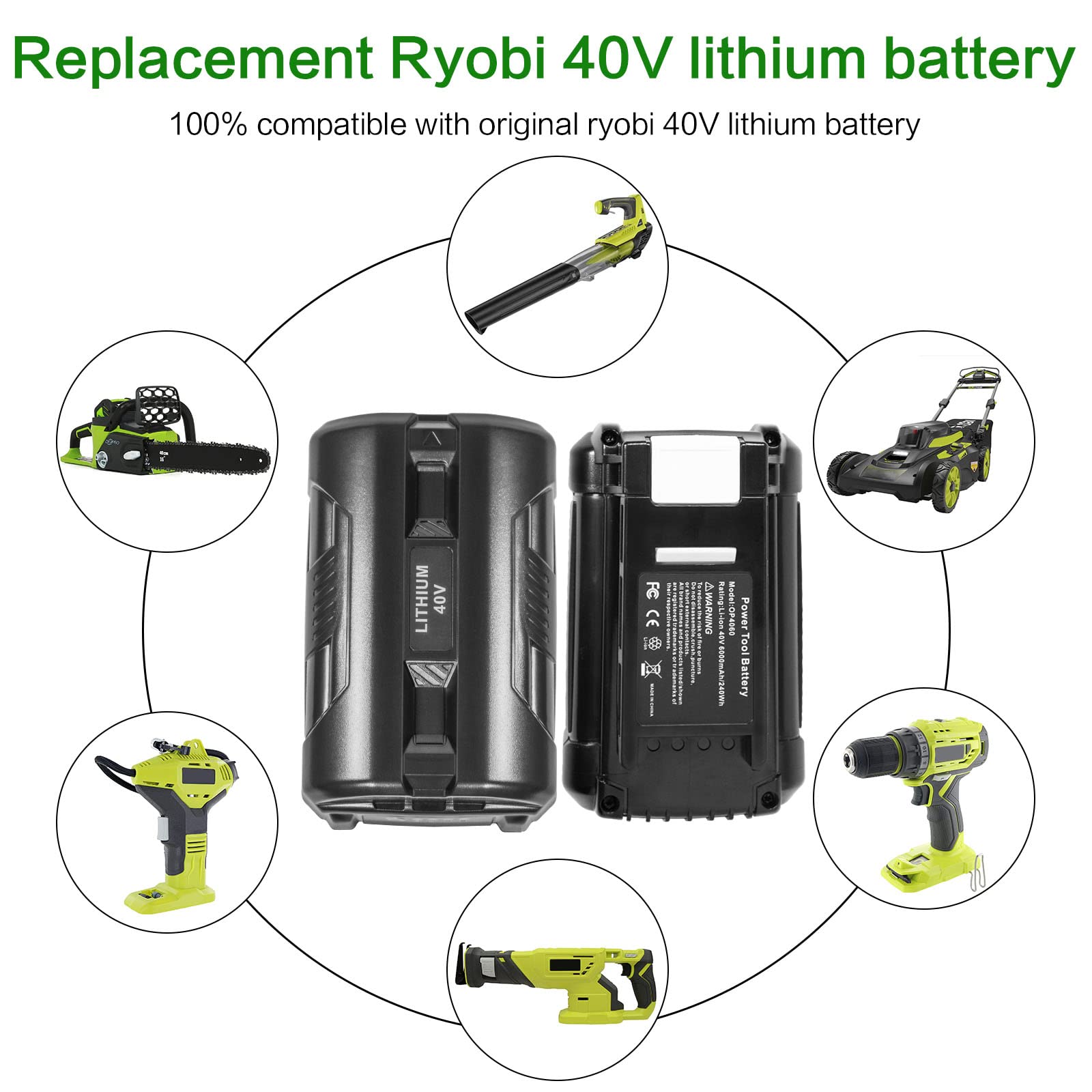 Futurebatt [2Pack] HIGH Capacity 6.0 Ah! 40 Volt Battery for RYOBI 40V Power Tools OP4026 OP40201 OP4030 OP4040 OP4050 OP4060 Replace for RYOBI 40V Batteries