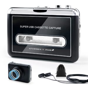 clear stereo &auto reverse cassette player with detachable external speaker-portable cassette to mp3 digital converter- convert tapes to digital format via usb-compatible with mac laptops & pc