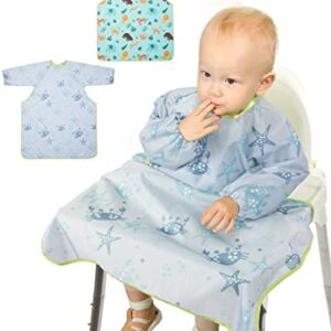 Lictin Coverall Baby Feeding Bibs - 2-Pack Long Sleeve Baby Bibs for Eating, Adjustable Weaning Bibs, Waterproof Bib Attaches and Fully Cover to Baby Highchair and Table