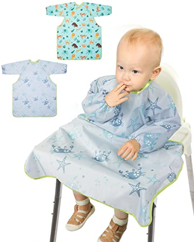 Lictin Coverall Baby Feeding Bibs - 2-Pack Long Sleeve Baby Bibs for Eating, Adjustable Weaning Bibs, Waterproof Bib Attaches and Fully Cover to Baby Highchair and Table