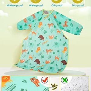 Lictin Coverall Baby Feeding Bibs - 2-Pack Long Sleeve Baby Bibs for Eating, Adjustable Weaning Bibs, Waterproof Bib Attaches and Fully Cover to Baby Highchair and Table