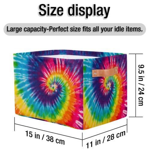 Storage Basket Bin, Abstract Swirl Tie Dye Rainbow Large Collapsible Storage Cube Box with Handle Durable Waterproof Closet Shelf Organizer for Toy Nursery Bedroom Laundry Basket, 1 Pcs