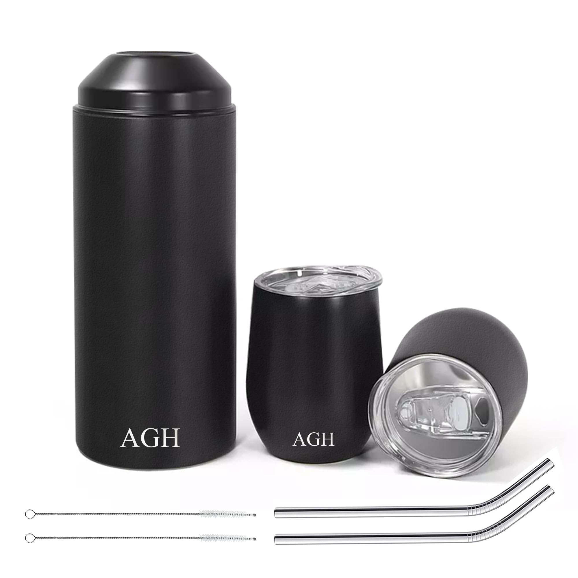 AGH 25oz Wine Tumblers Bottle Set, Insulated Double Wall Wine Chiller and Tumbler Set with Lid and Straw, Stainless Steel 750 ml Bottle and 2 pack 12oz Stemless Wine Glasses, Ideal Wine Chiller