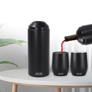 AGH 25oz Wine Tumblers Bottle Set, Insulated Double Wall Wine Chiller and Tumbler Set with Lid and Straw, Stainless Steel 750 ml Bottle and 2 pack 12oz Stemless Wine Glasses, Ideal Wine Chiller