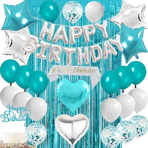 Happy Birthday Decorations Teal Blue Birthday Decorations for Women Girls-Teal Blue and Silver Birthday Balloons Kit,Turquoise Birthday Party Decorations