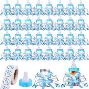 62 pcs 3.5 inch baby mini milk bottle baby shower favor with 500 adhesive thank you for showering stickers, small plastic bear candy bottle with ribbon for boy girl newborn baptism party decor (blue)