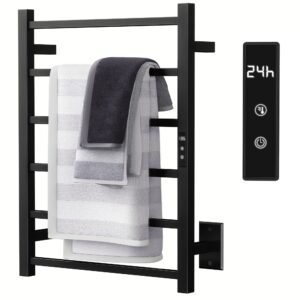 sharpeye towel warmer with 24hr timer, matte black heated towel rack for bathroom, plug-in/hardwired, wall mounted electric towel drying rack, with temperature control