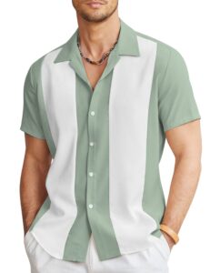 coofandy vintage mens bowling shirts button up vacation shirts loose fit short sleeve shirts green white