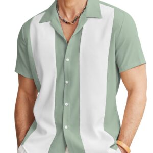 COOFANDY Vintage Mens Bowling Shirts Button Up Vacation Shirts Loose Fit Short Sleeve Shirts Green White