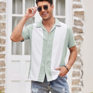 COOFANDY Vintage Mens Bowling Shirts Button Up Vacation Shirts Loose Fit Short Sleeve Shirts Green White