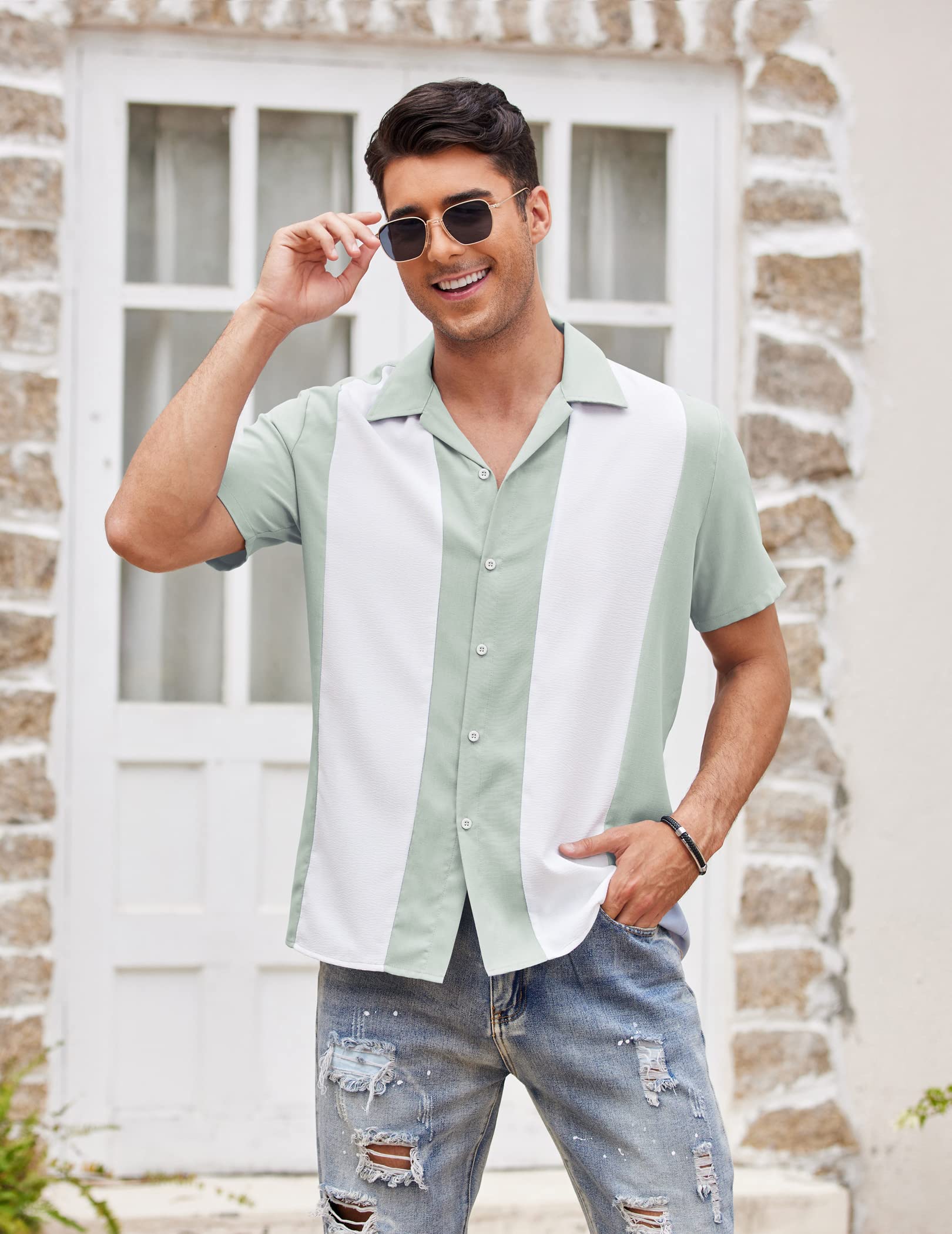 COOFANDY Vintage Mens Bowling Shirts Button Up Vacation Shirts Loose Fit Short Sleeve Shirts Green White