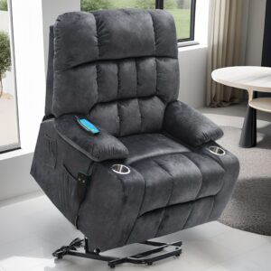 pug258y lift chair for big and tall person with inconvenient legs: 9688 high density foam lift sofa with heat and massage, 2 pockets, 2 cup holder, 2 remote, okin motor, fabric - granite black