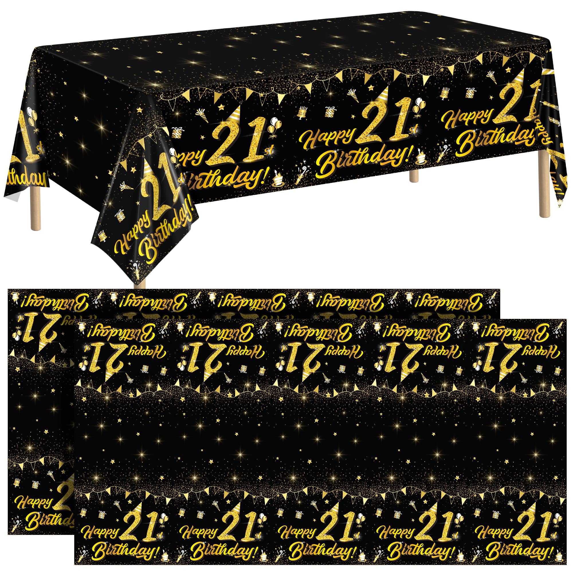 durony 2 Pack 21st Birthday Tablecloth Table Cover Plastic Black Gold Happy Tablecloth Waterproof Rectangular Table Cloth Cover for Indoor or Outdoor Parties Birthday