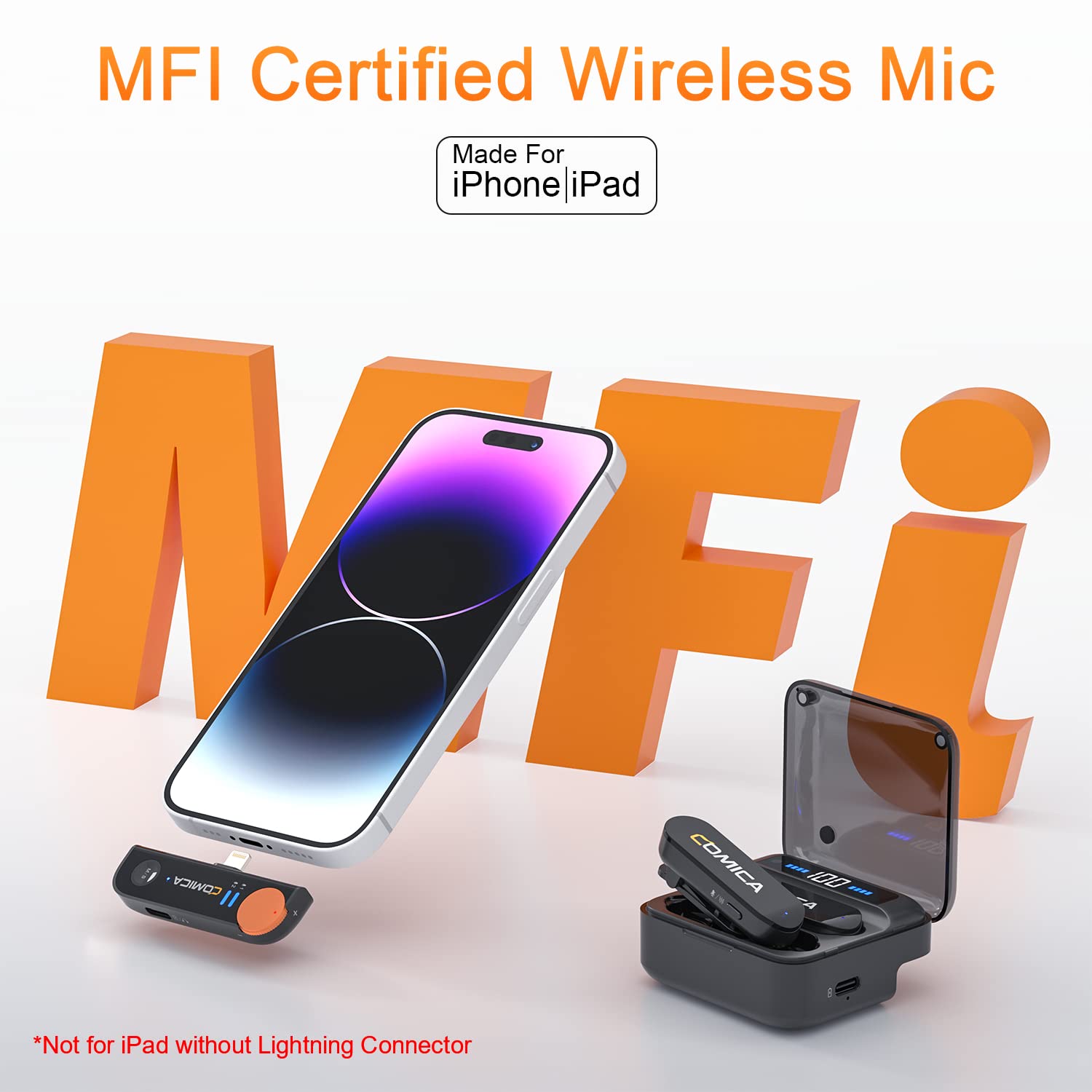 comica Vimo S MI Wireless Lavalier Microphone for iPhone, MFI Certified, Noise Cancelling, 15HR Battery, 656' Transmission, Dual Wireless Lapel Mic for iPhone Video Recording Vlogs Live Stream