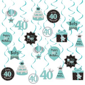 happy 40th birthday party hanging swirls streams ceiling decorations, celebration 40th foil hanging swirls with cutouts for 40 years teal silver black blue birthday party decorations supplies
