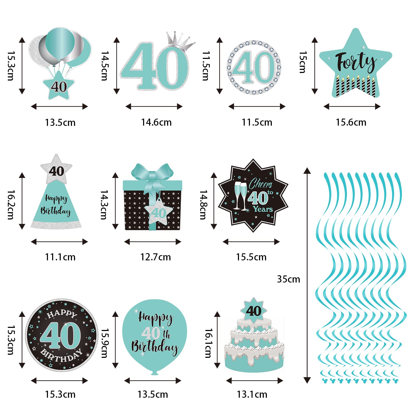 Happy 40th Birthday Party Hanging Swirls Streams Ceiling Decorations, Celebration 40th Foil Hanging Swirls with Cutouts for 40 Years Teal Silver Black Blue Birthday Party Decorations Supplies