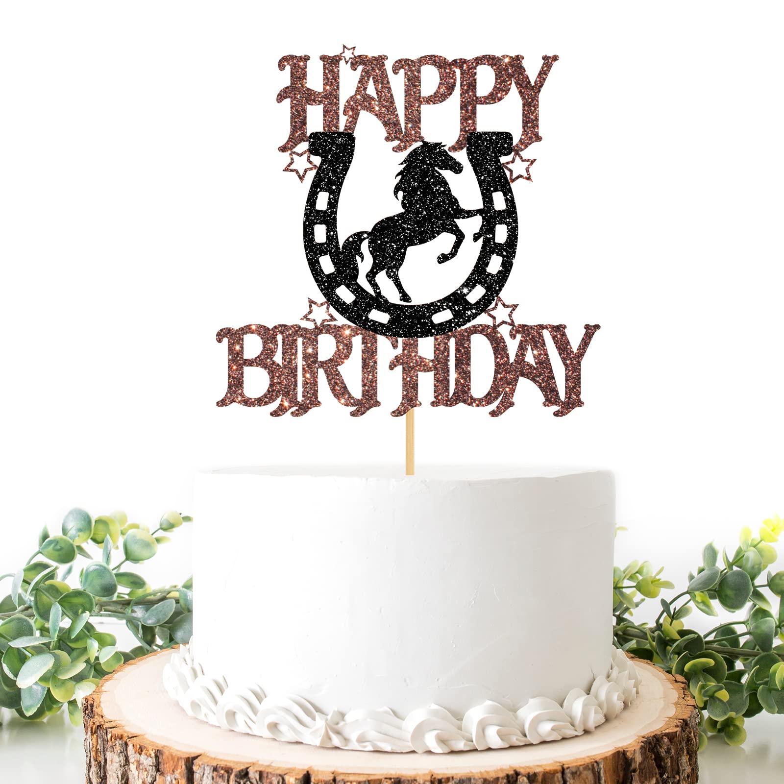 Helewilk Horseshoe & Horse Happy Birthday Cake Topper, Horse Racing Theme Birthday Party Decoration for Boys Girls Men Women, Kids Birthday Party Decoration Supplies