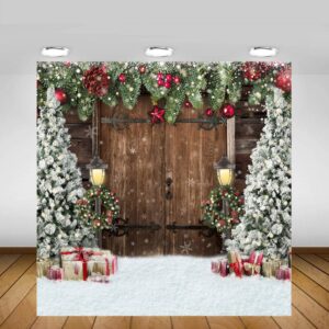lofaris winter christmas backdrop xmas photography backdrop rustic barn wood door backdrop xmas tree snow gift bell kids adult family supplies banner party baby shower decoration background 8x8ft