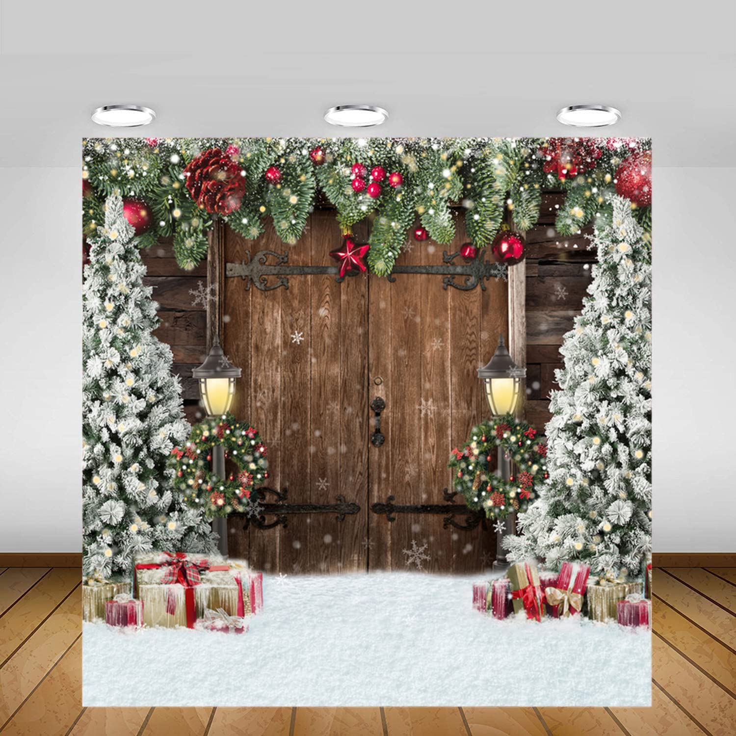 Lofaris Winter Christmas Backdrop Xmas Photography Backdrop Rustic Barn Wood Door Backdrop Xmas Tree Snow Gift Bell Kids Adult Family Supplies Banner Party Baby Shower Decoration Background 8x8ft