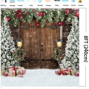 Lofaris Winter Christmas Backdrop Xmas Photography Backdrop Rustic Barn Wood Door Backdrop Xmas Tree Snow Gift Bell Kids Adult Family Supplies Banner Party Baby Shower Decoration Background 8x8ft