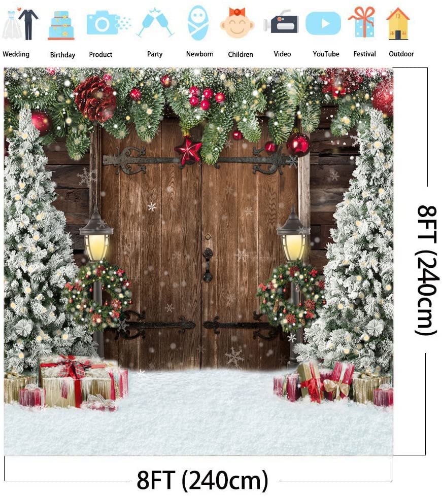 Lofaris Winter Christmas Backdrop Xmas Photography Backdrop Rustic Barn Wood Door Backdrop Xmas Tree Snow Gift Bell Kids Adult Family Supplies Banner Party Baby Shower Decoration Background 8x8ft