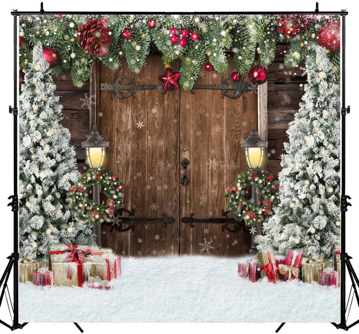 Lofaris Winter Christmas Backdrop Xmas Photography Backdrop Rustic Barn Wood Door Backdrop Xmas Tree Snow Gift Bell Kids Adult Family Supplies Banner Party Baby Shower Decoration Background 8x8ft