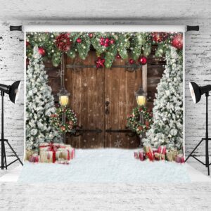 Lofaris Winter Christmas Backdrop Xmas Photography Backdrop Rustic Barn Wood Door Backdrop Xmas Tree Snow Gift Bell Kids Adult Family Supplies Banner Party Baby Shower Decoration Background 8x8ft