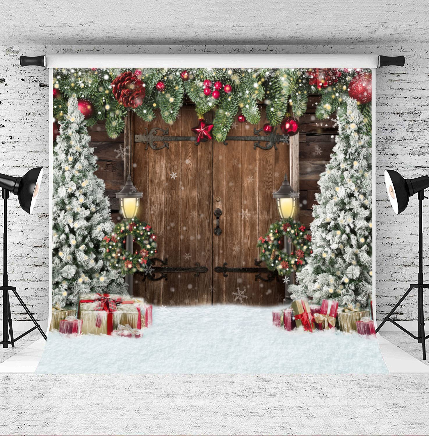 Lofaris Winter Christmas Backdrop Xmas Photography Backdrop Rustic Barn Wood Door Backdrop Xmas Tree Snow Gift Bell Kids Adult Family Supplies Banner Party Baby Shower Decoration Background 8x8ft