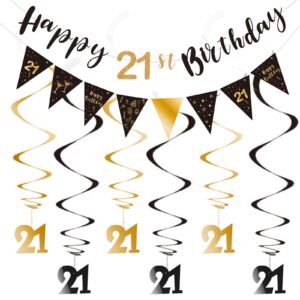 21st birthday decoration kit, happy 21st birthday banner bunting swirls streamers, triangle flag banner for birthday party decorations supplies black and gold 21st