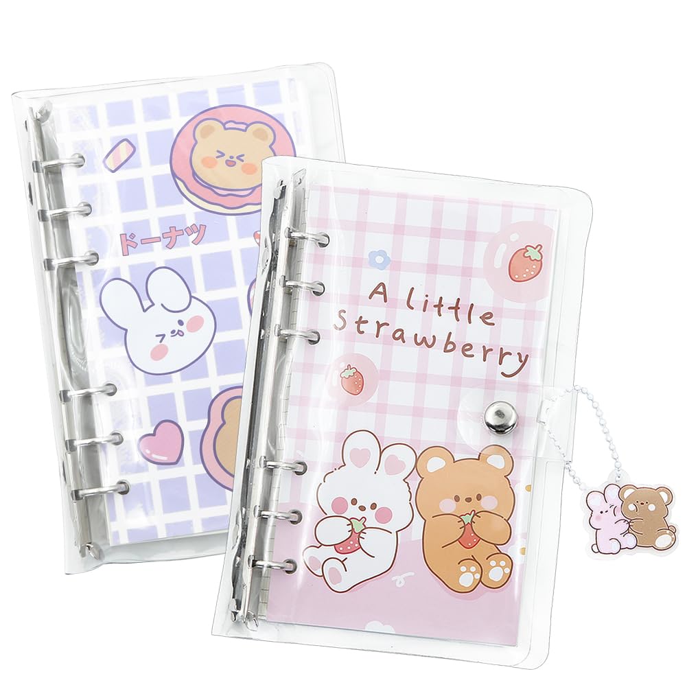 2 Pcs Binder Notebook,Rabbit Bear 6 Round Ring Loose Leaf Binder Small Diary Journal Planning Pocket Notebook with Transparent PVC Cover Pendant Sticker Gift for Kid Office Christmas Easter Birthday